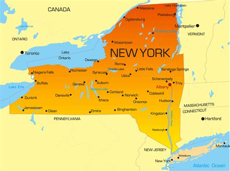 A vintage map of New York State with its cities marked